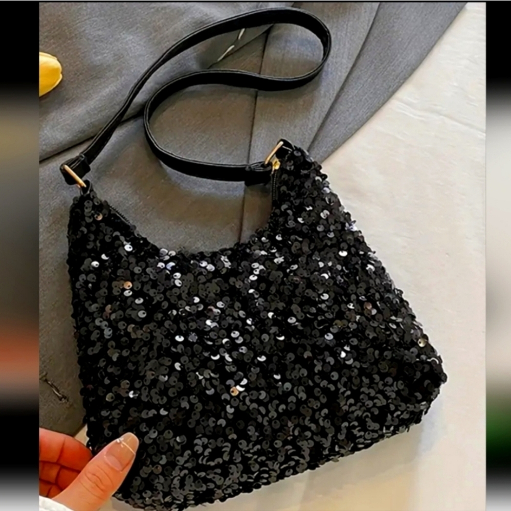 Sequined Black Shoulder Bag - Evening Sparkle